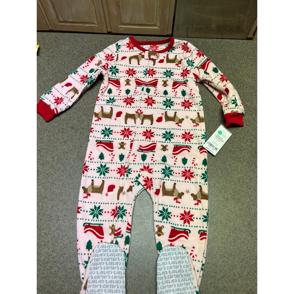 Christmas Carter's fleece footie‎ pajamas 24 months NWT Pink/Red/Green